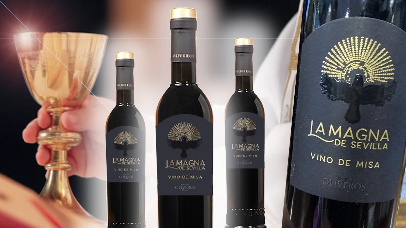 Botellas de vino de misa con el etiquetado 'La Magna de Sevilla'