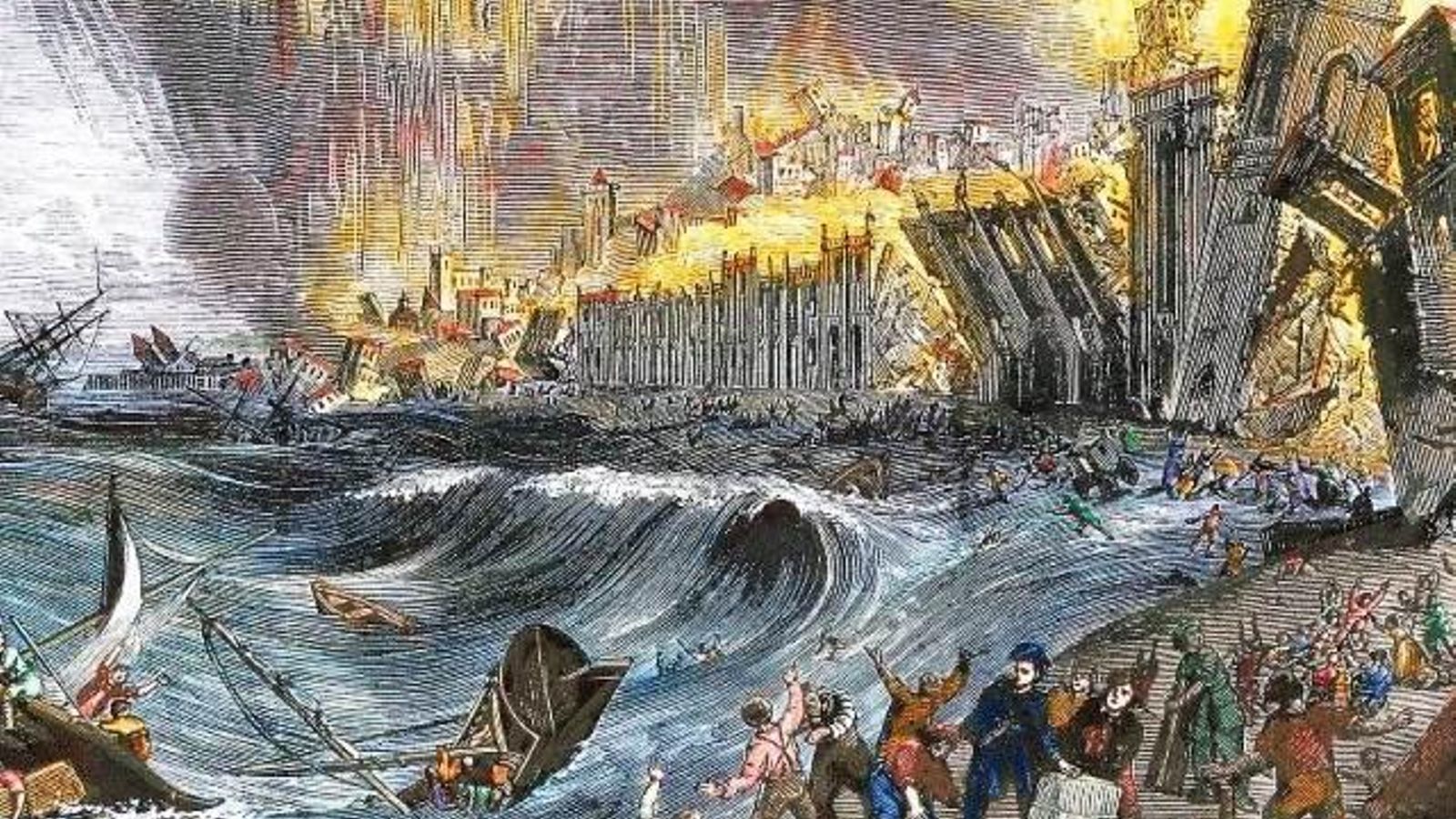 Recreación del maremoto que afectó a Lisboa, a Huelva y gran parte de la costa occidental de la península ibérica.
