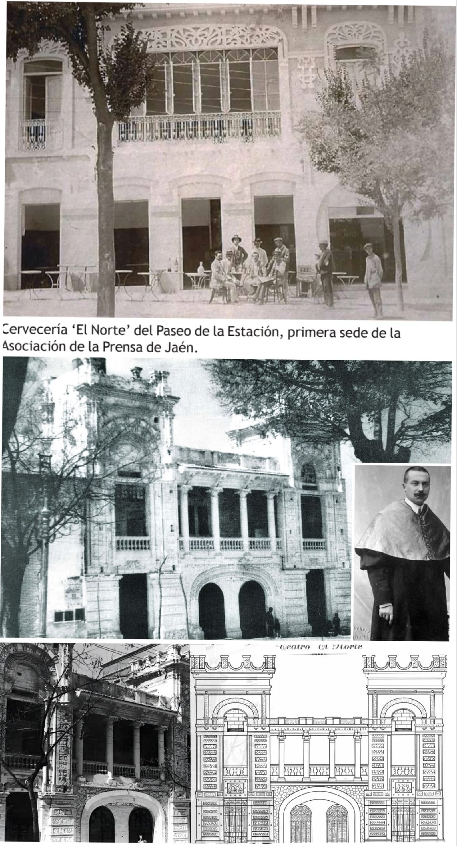 Arriba: Fachada original del edificio en sus inicios como cervecería, en 1910. Abajo: Fachada como teatro y cine de verano, resultado de la reforma de 1917 realizada por el arquitecto madrileño Manuel Mendoza y Sáez de Argandoña. La imagen incluye un retrato del doctor Federico del Castillo, fundador de "Amigos del Arte"