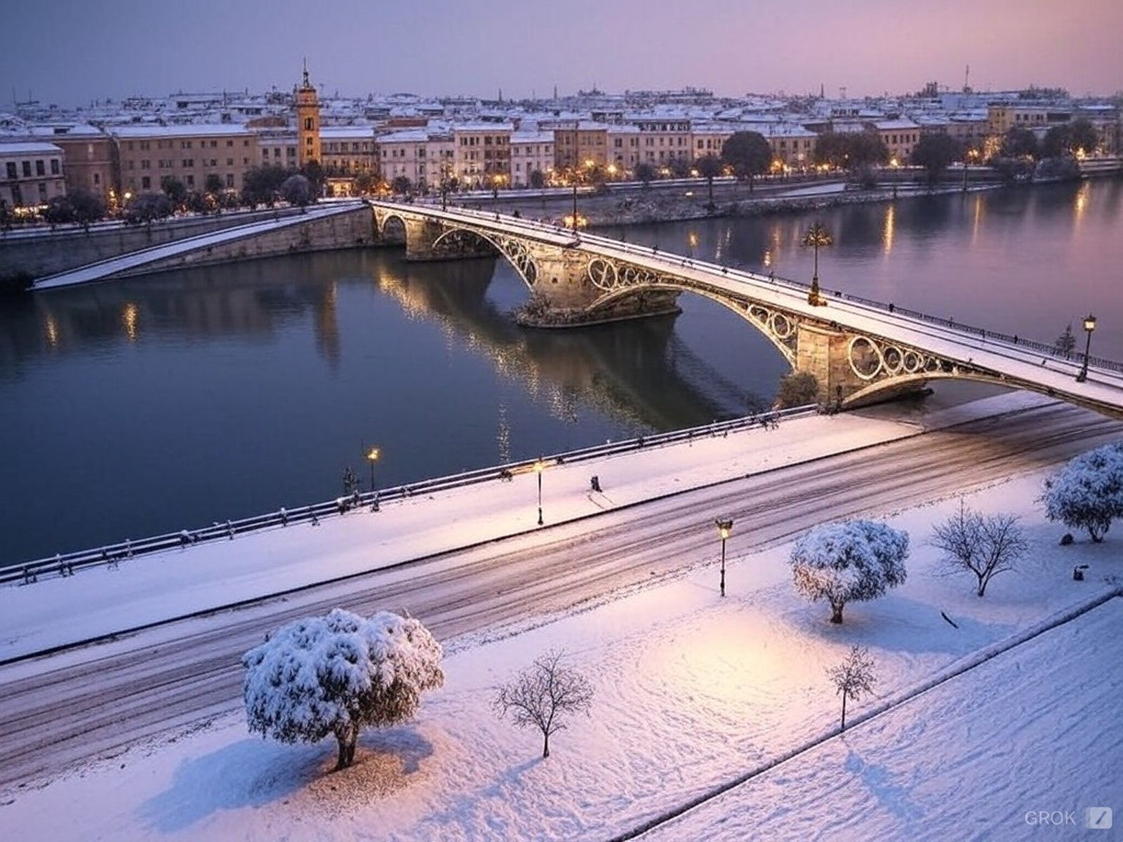 El Puente de Triana lleno de nieve, según la IA