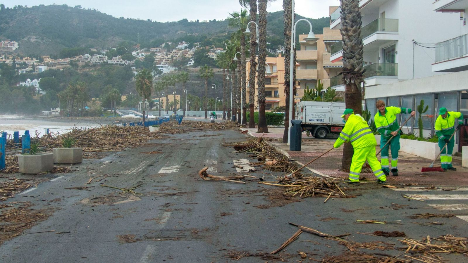 Operarios municipales de La Herradura limpian aceras y carreteras repletas de arena y cañas tras el paso de la borrasca Kristin.