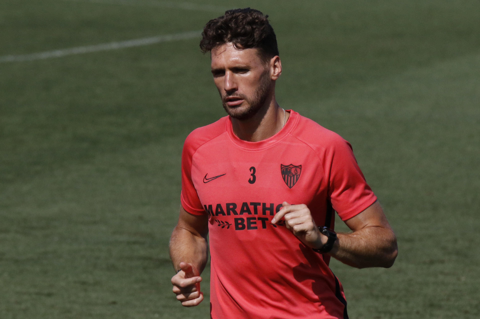 Sergi Gómez, en una sesión de trabajo del Sevilla.