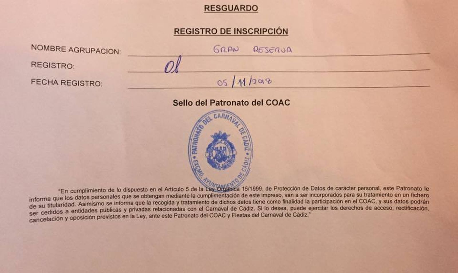 El grupo compartió en las redes sociales el resguardo de su inscripción.