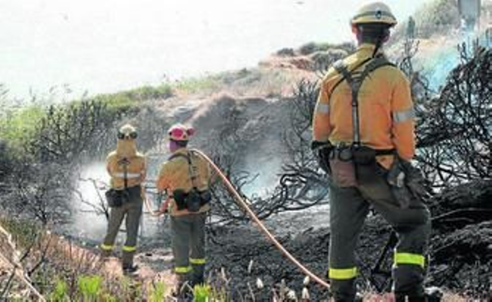 Tres efectivos del Infoca refrescan el terreno junto a la playa, ayer.