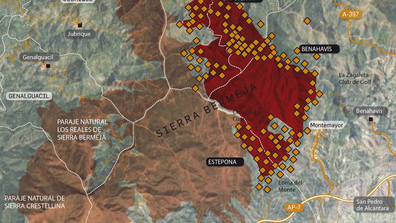 Situación del incendio en Sierra Bermeja. Fuente: EFFIS, Copernicus, Junta de Andalucía y Educación Ambiental. Situación del incendio en Sierra Bermeja. Fuente: EFFIS, Copernicus, Junta de Andalucía y Educación Ambiental.