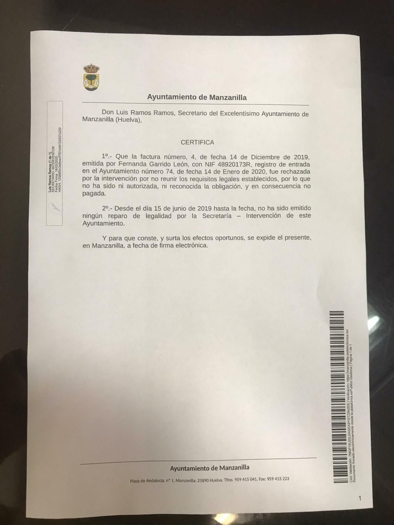 El certificado emitido por el secretario municipal este martes