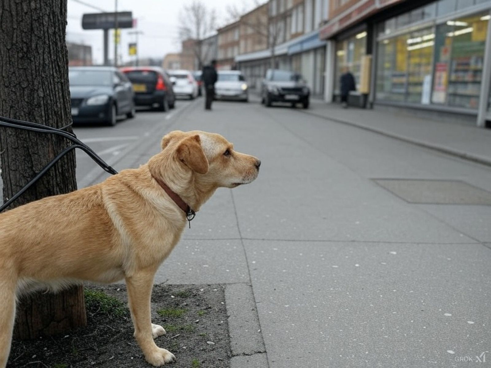 Un perro amarrado a un árbol