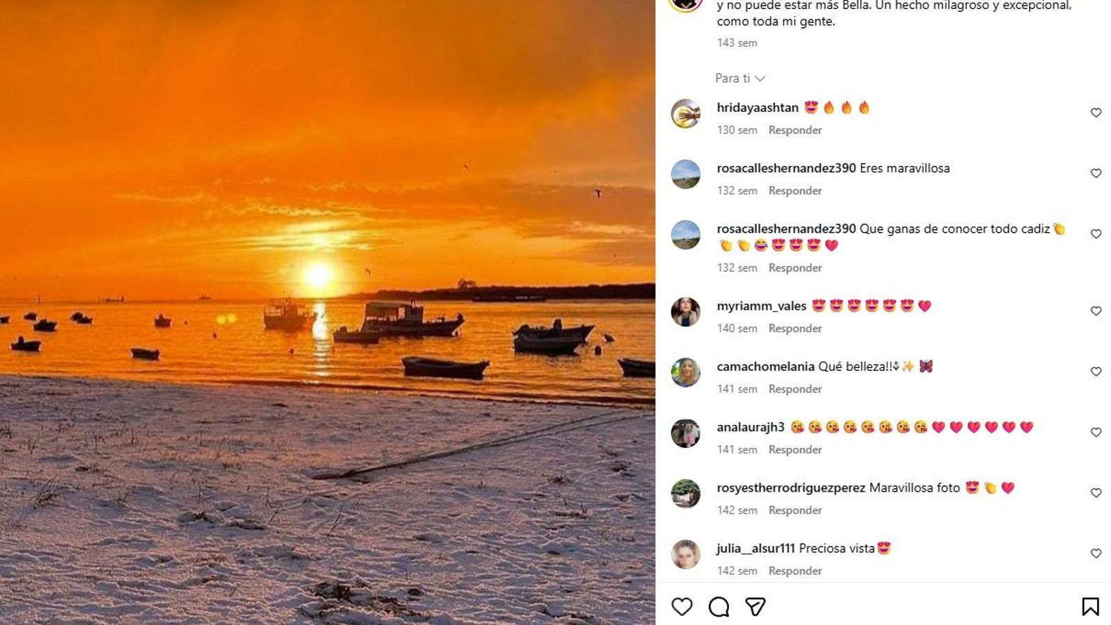 La playa de Sanlúcar nevada en una publicación de Toñi Moreno en Instagram.