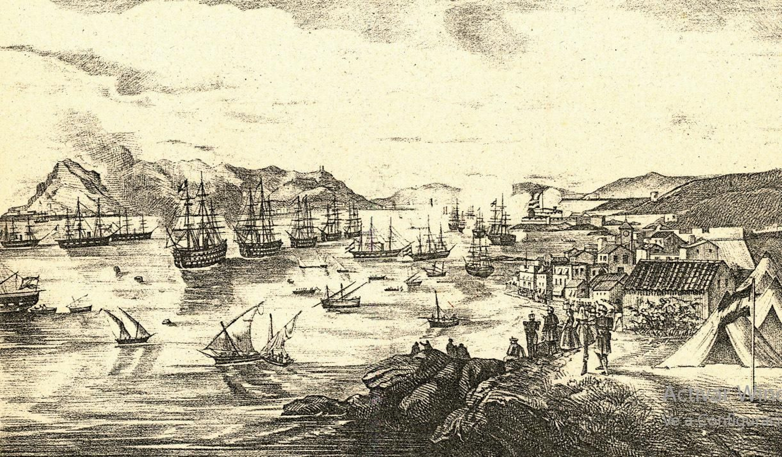Litografía de la ciudad y el puerto de Algeciras realizada en 1859. Representa el embarque de tropas para la Guerra de Marruecos. (Litografía Hispana, C/ Asalto, nº 8).