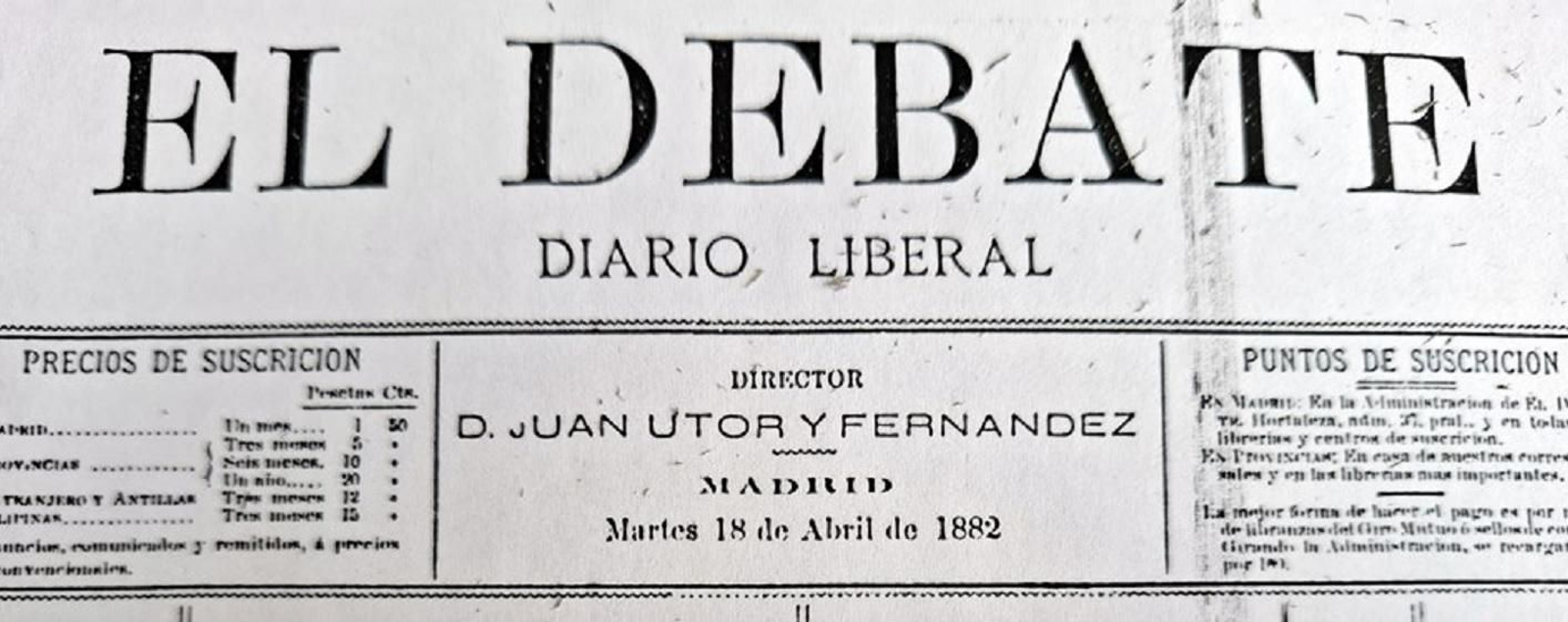 Cabecera de 'El Debate' (18/4/1882).