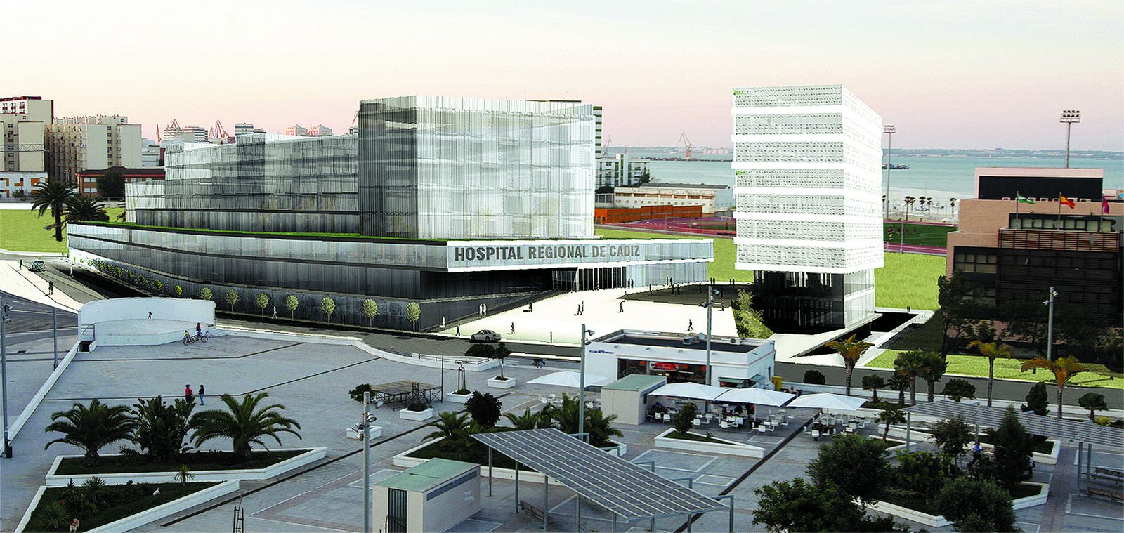 Imagen virtual del  hospital  regional  de Cádiz en el solar de CASA según recreación de 2008.