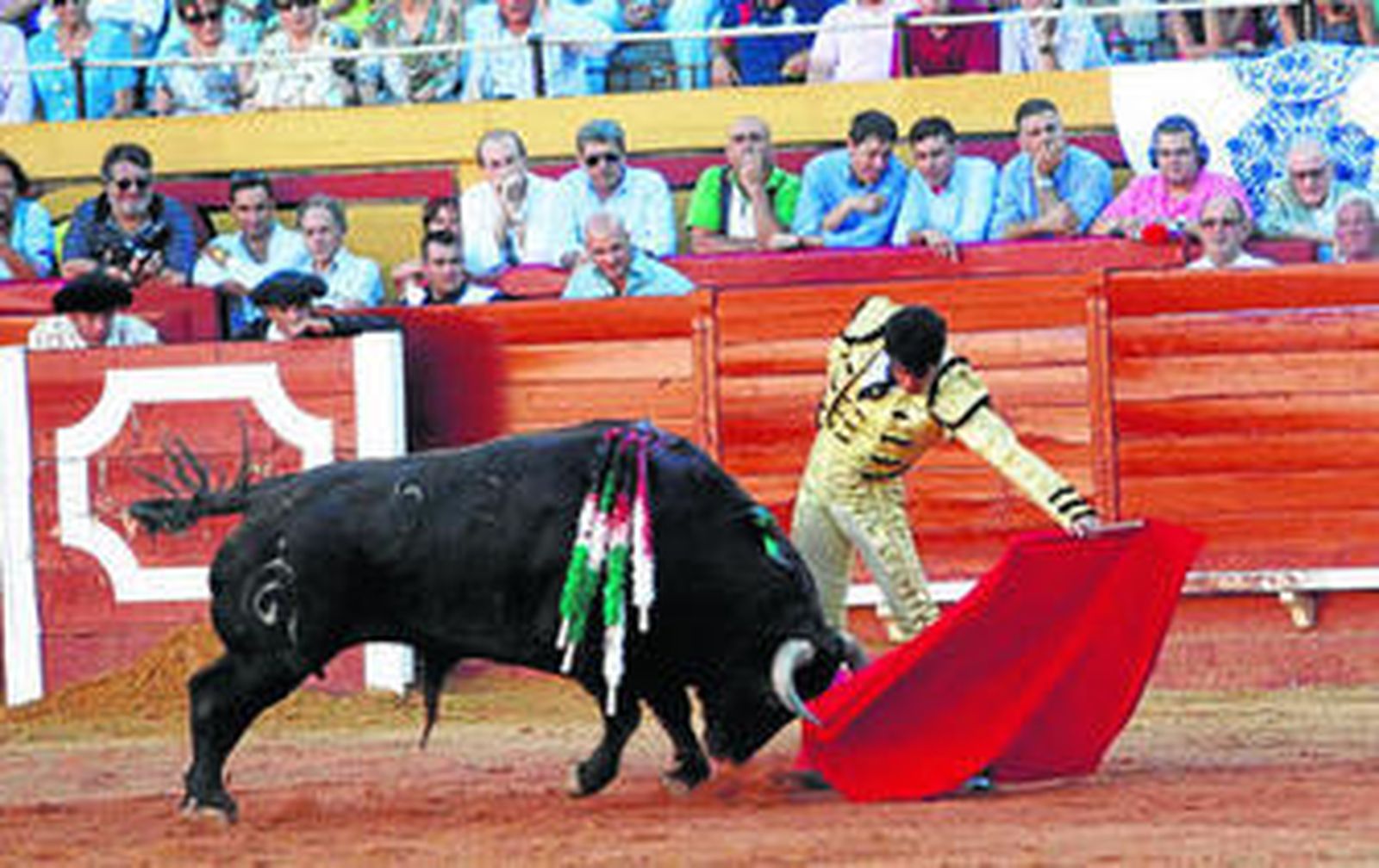 El matador de toros Salvador Vega toreando al natural a su primer toro de la tarde al que le cortó las dos orejas.