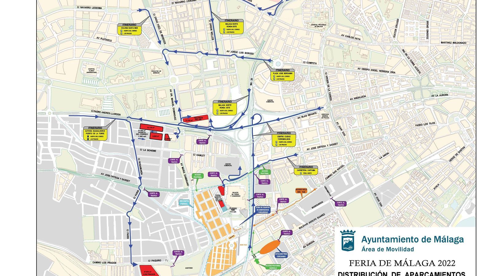 Mapa de desvíos de tráfico, distribución de aparcamientos y accesibilidad.