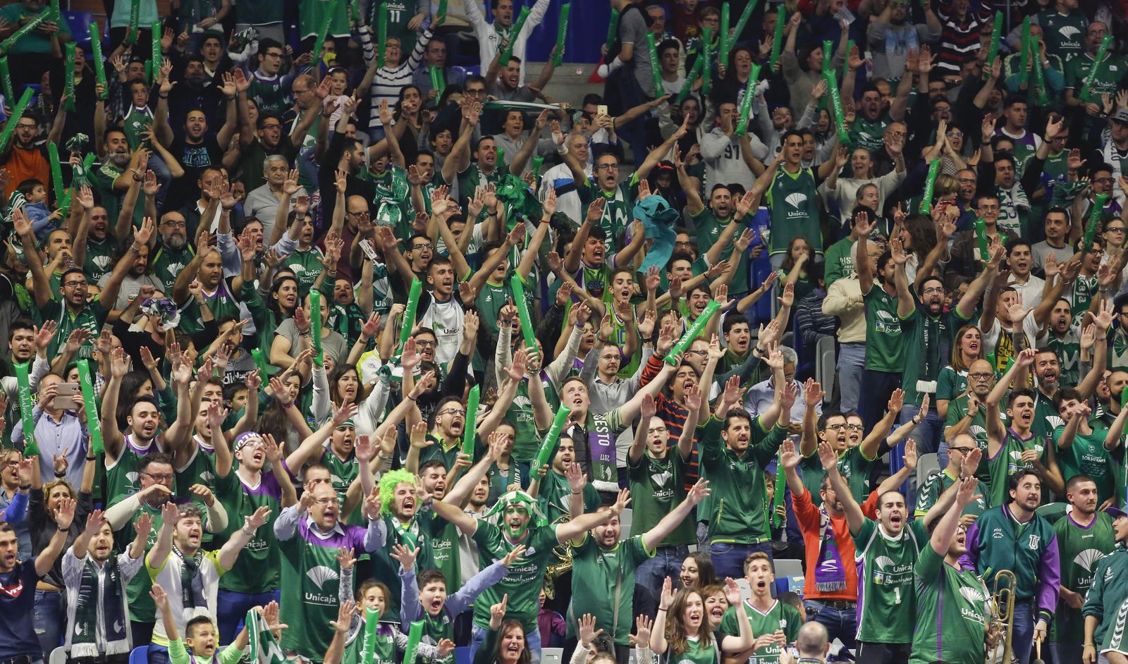 La afición del Martín Carpena celebra durante un partido del Unicaja.