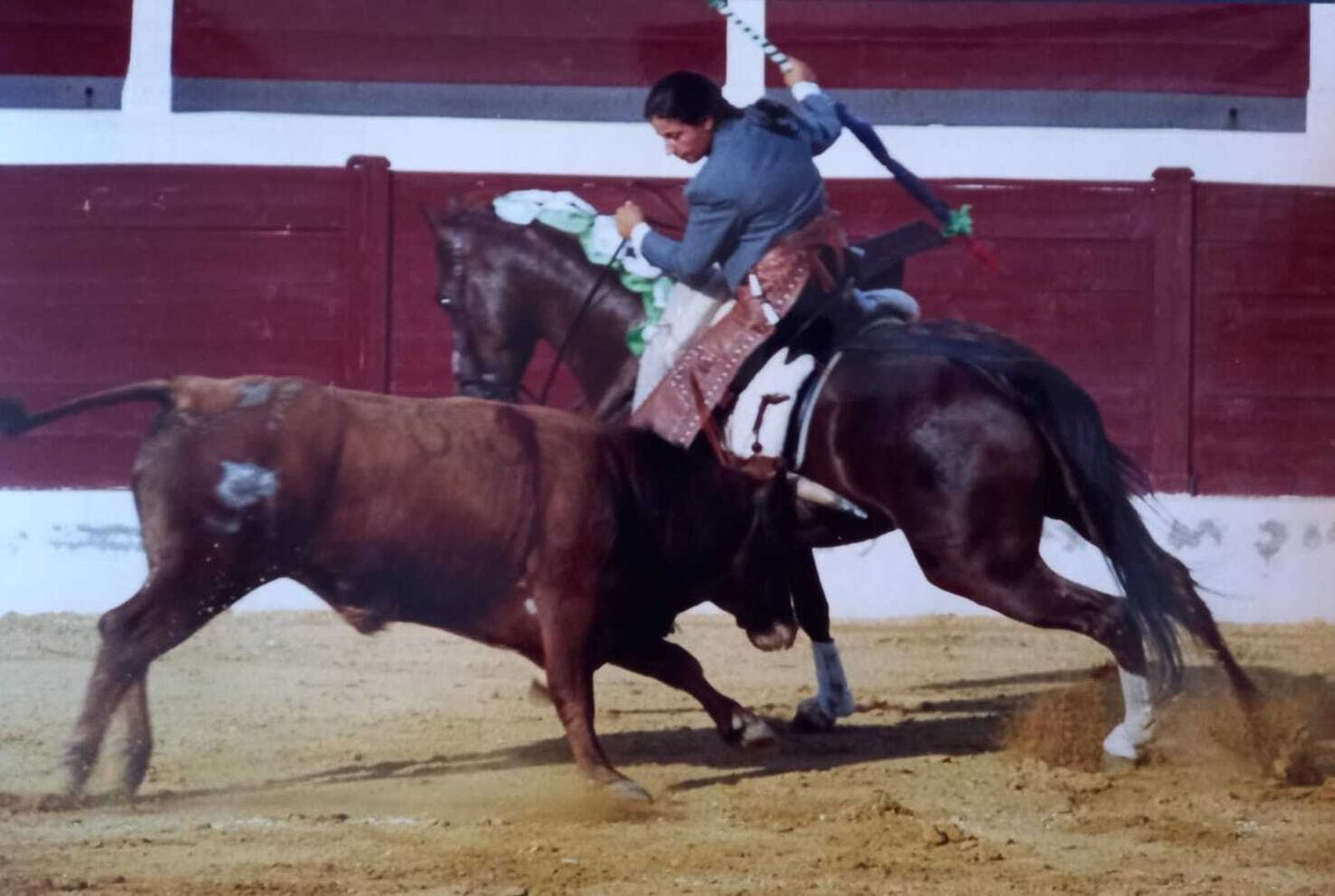 Isabel Mª Núñez rejonea un novillo en la plaza de toros de Huércal Overa montada en su caballo ‘Gorrión’.
