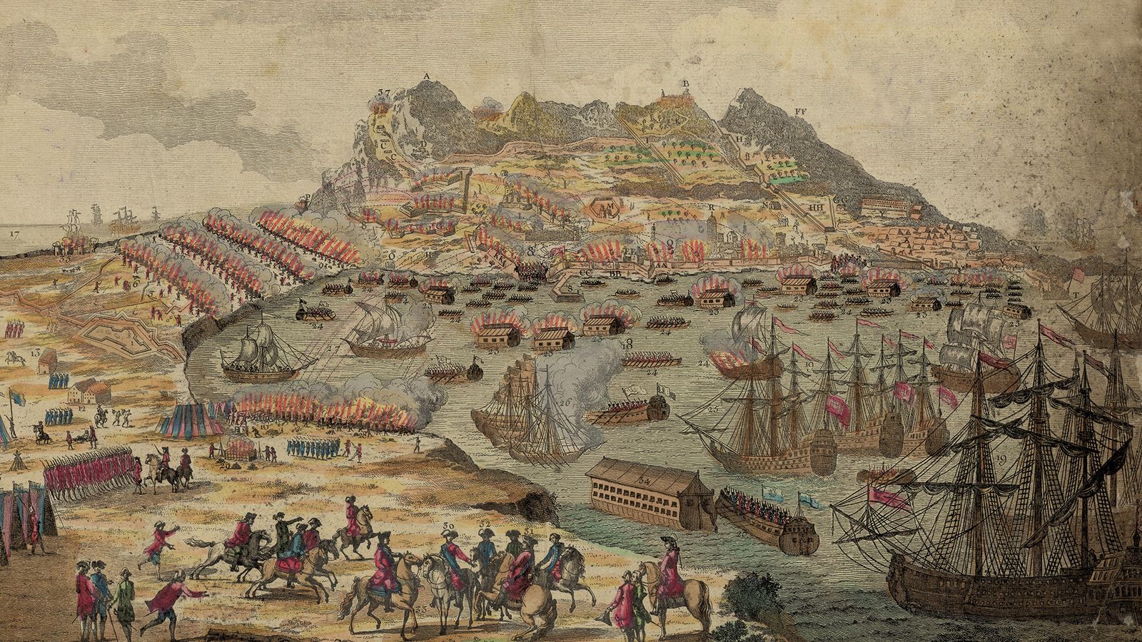 Grabado de las operaciones terrestres y navales realizadas contra Gibraltar durante el Gran Sitio de 1779 a 1783. Véanse las baterías flotantes disparando sus cañones sobre la ciudad sitiada.