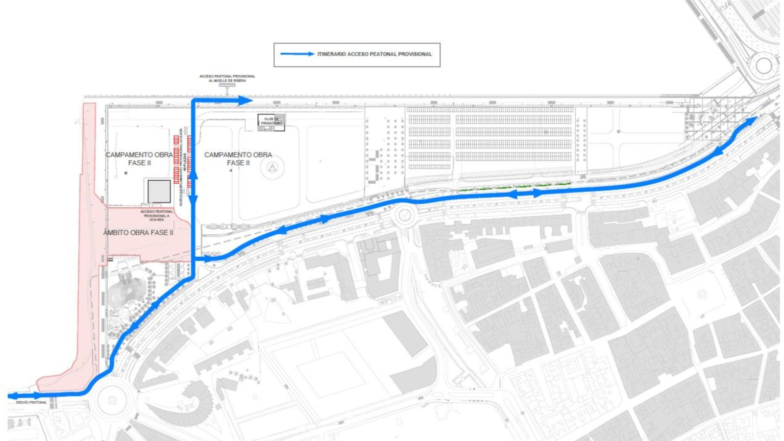 Plano del desvío provisional para los peatones por las obras en el Llano Amarillo.