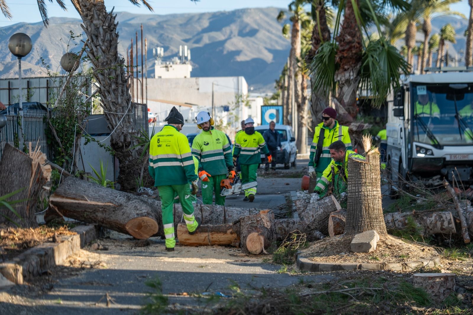 Los operarios municipales trabajan para solucionar las incidencias de la borrasca Leonardo en Roquetas.