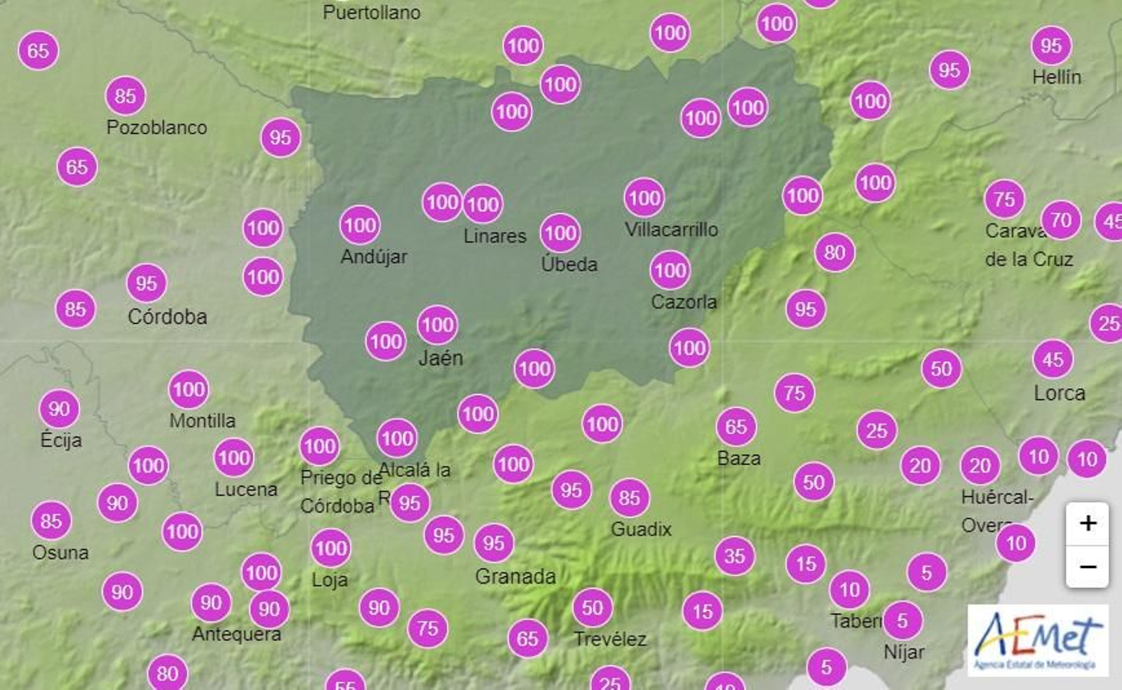 Probabilidad de lluvia de la Aemet entre las 18:00 horas y las 24:00.