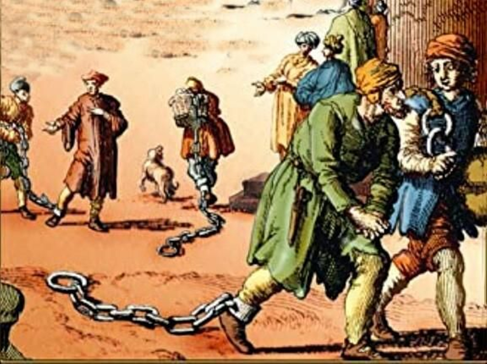 Grabado que representa a unos cautivos cristianos encadenados en una ciudad musulmana.