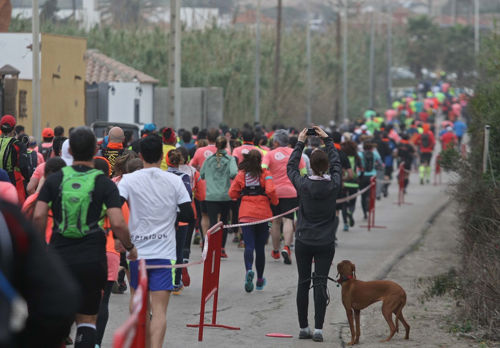 La hilera de corredores, tras tomarse la salida de la carrera, ayer en La Línea.