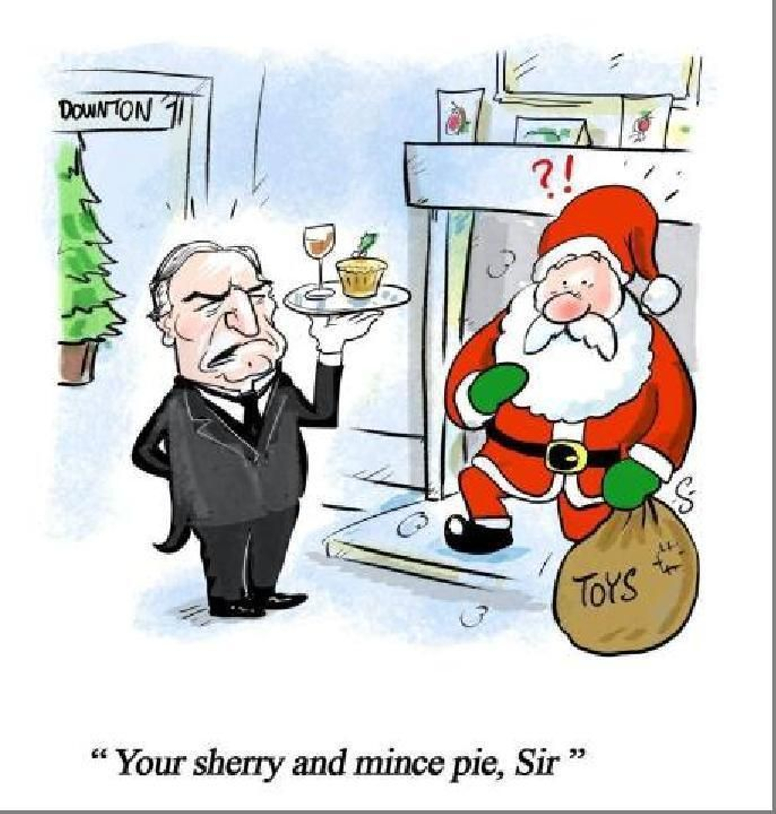 - Caricatura del mayordomo de Downtown Abbey ofreciendo sherry y mince pie a Santa Claus.