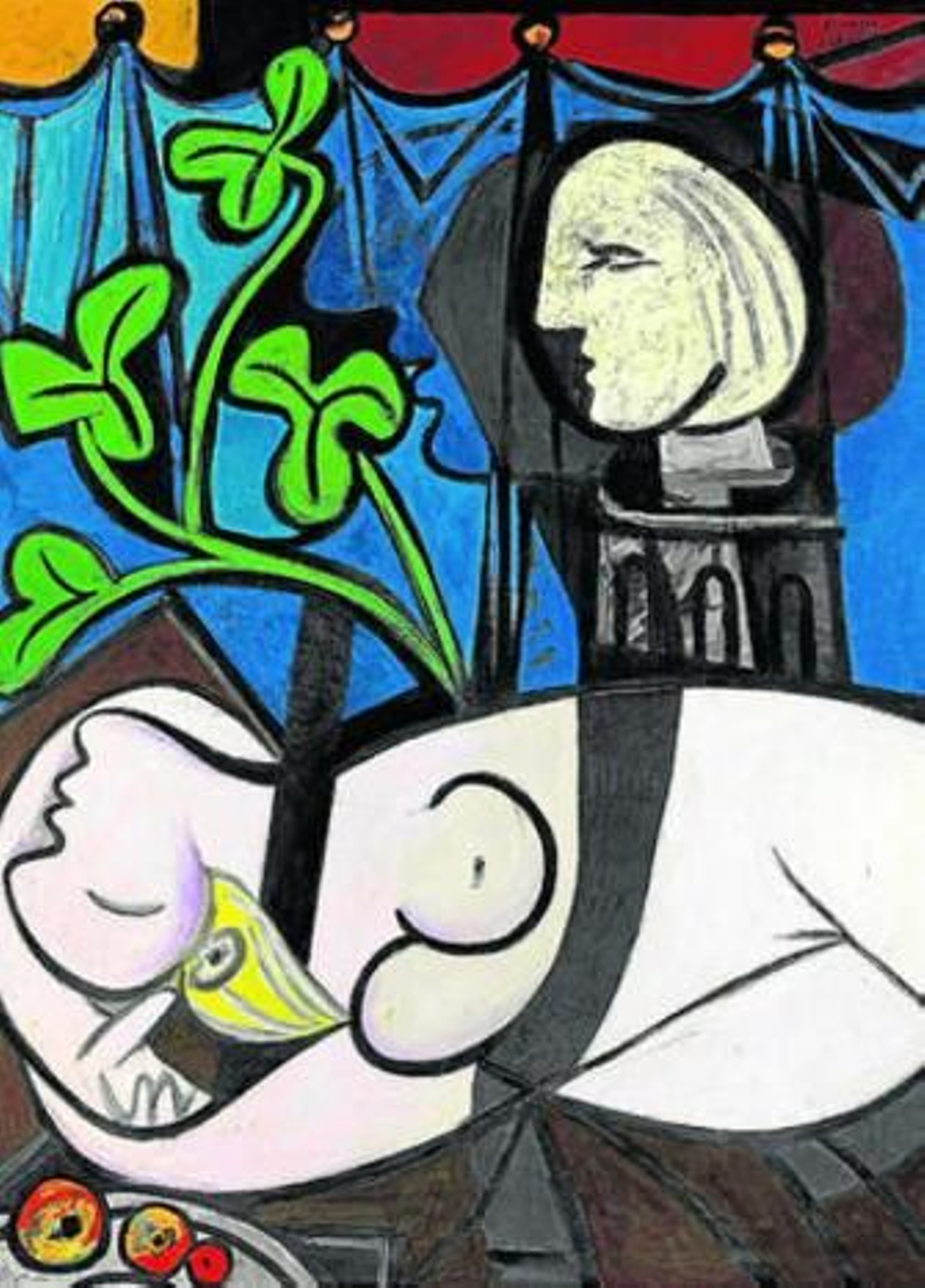 El óleo muestra a una mujer tumbada en un taller ante una cortina azul, Picasso la pintó a la edad de 50 años.