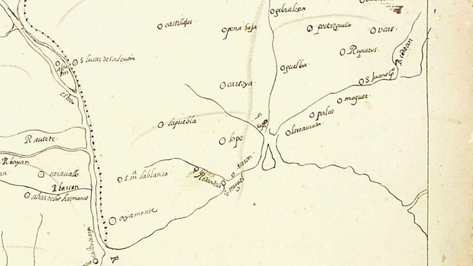 Zona sur del mapa del siglo XVI en el que aparece Huelva.