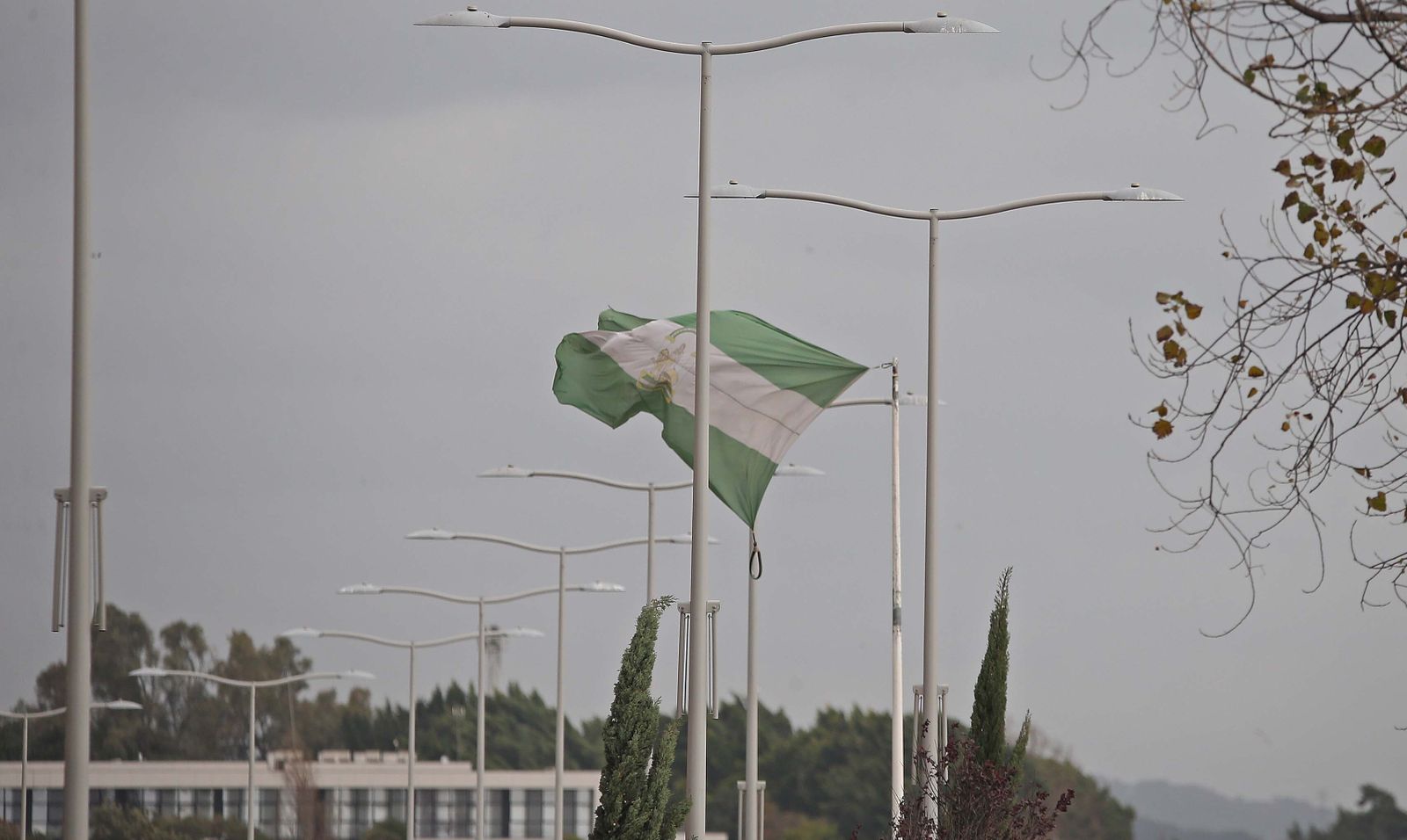 Descuelgue de la bandera  de Andalucía en la rotonda de Blas Infante durante el último temporal.