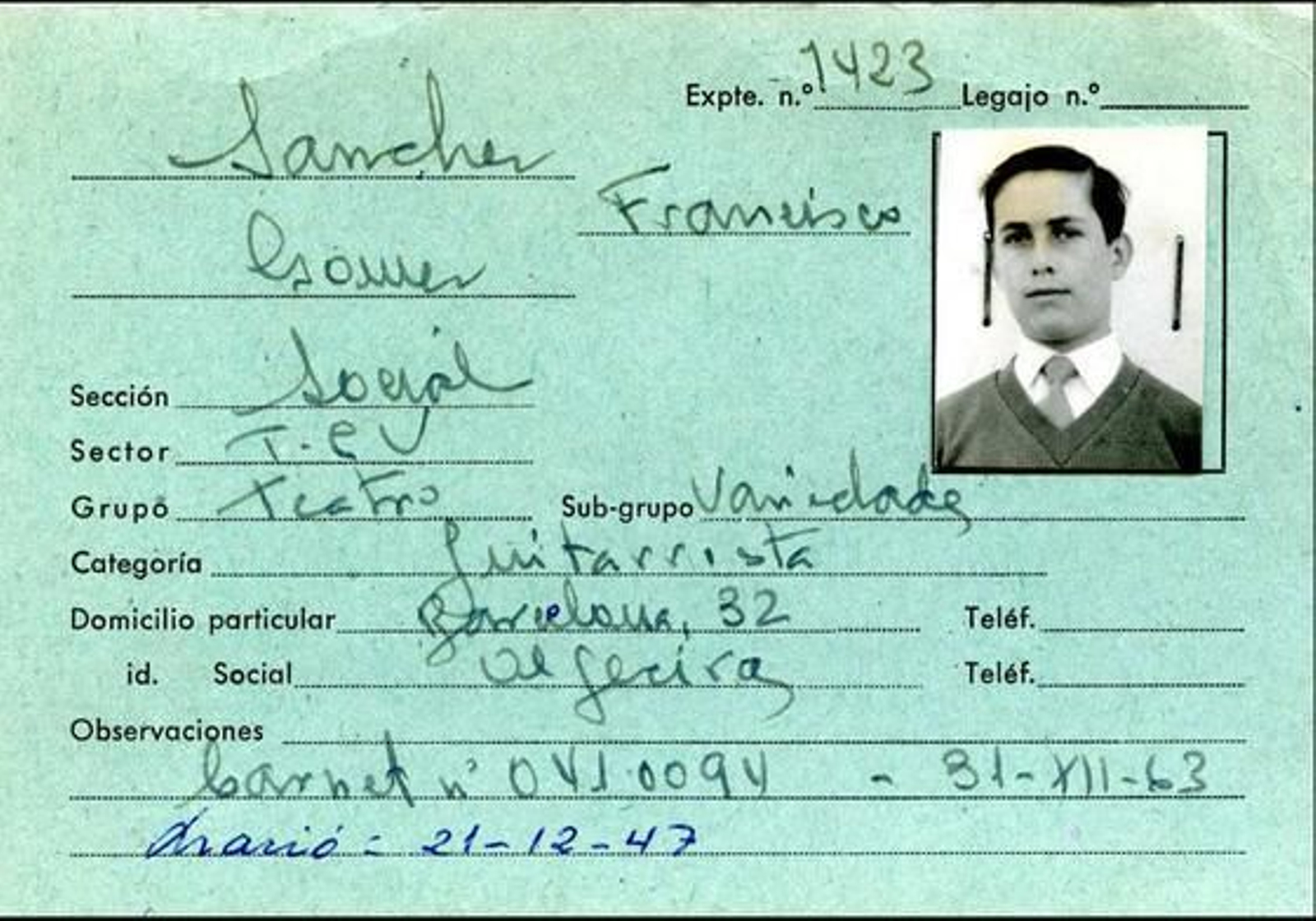 Ficha de identificación como guitarrista, de 1963.