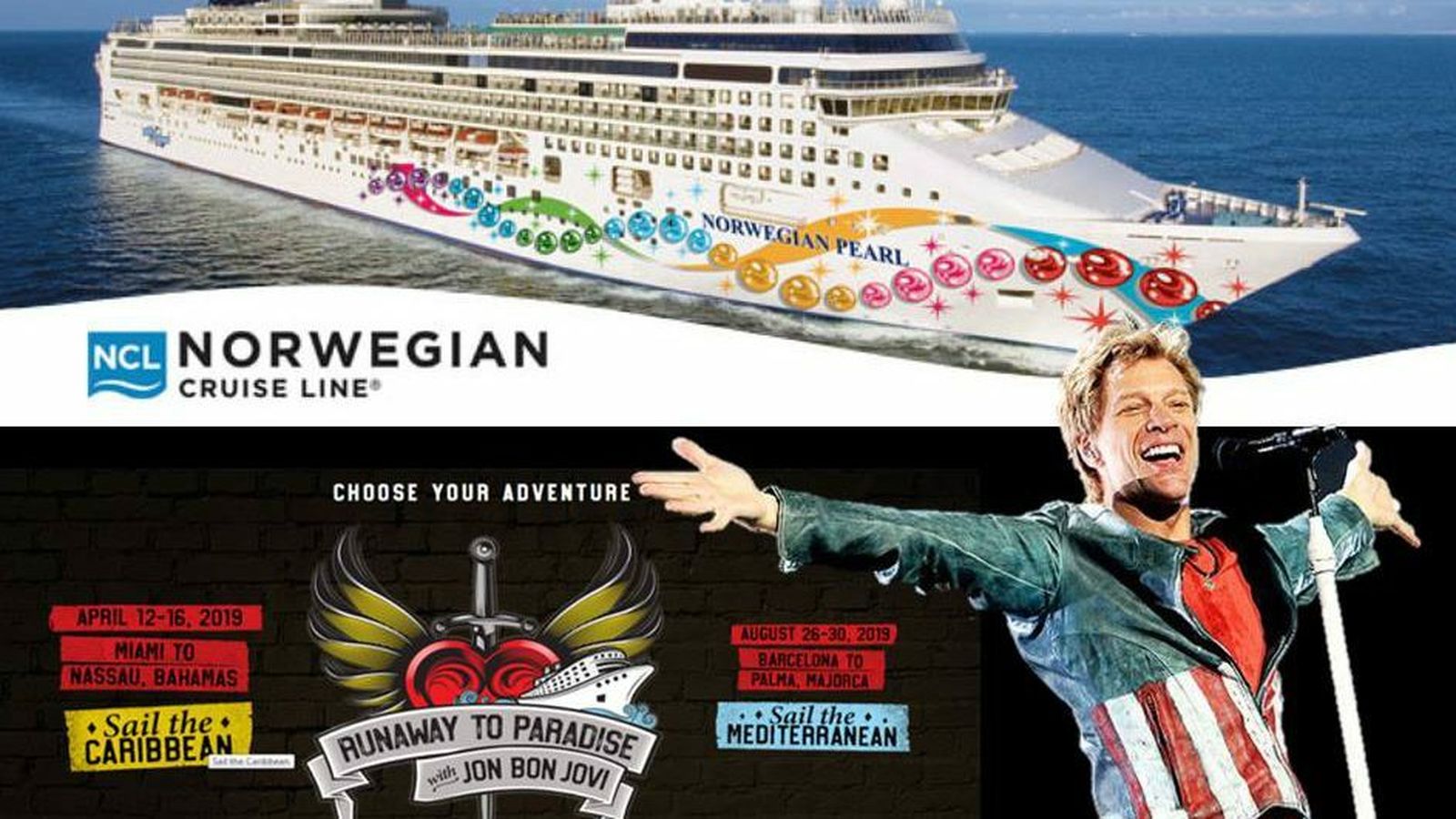 Cartel de la propuesta del crucero con concierto de Jon Bon Jovi a bordo.