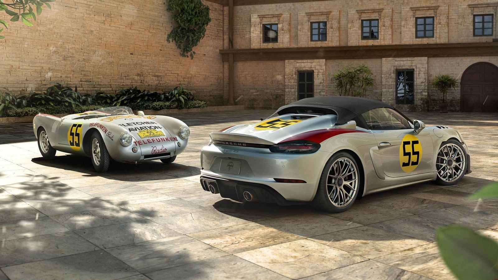 Los toques nostálgicos rinden homenaje al 550 Spyder de Hans Herrmann, con franjas en rojo Carmín en las aletas traseras, y números 55 amarillos en las puertas y en la cubierta del motor trasero. Los toques nostálgicos rinden homenaje al 550 Spyder de Hans Herrmann, con franjas en rojo Carmín en las aletas traseras, y números 55 amarillos en las puertas y en la cubierta del motor trasero.