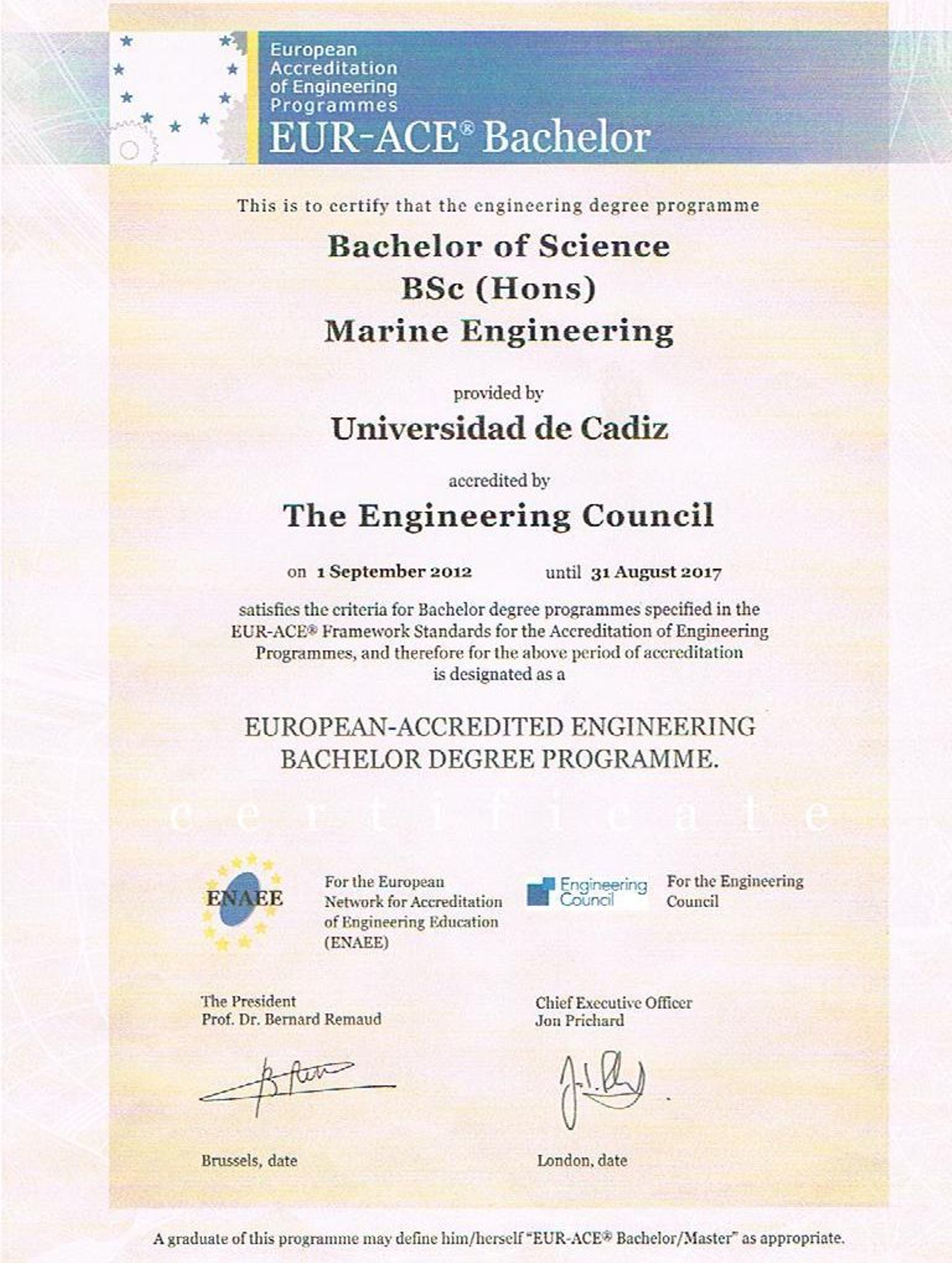 Certificación EUR-ACE de Ingeniería Marina Certificación EUR-ACE de Ingeniería Marina