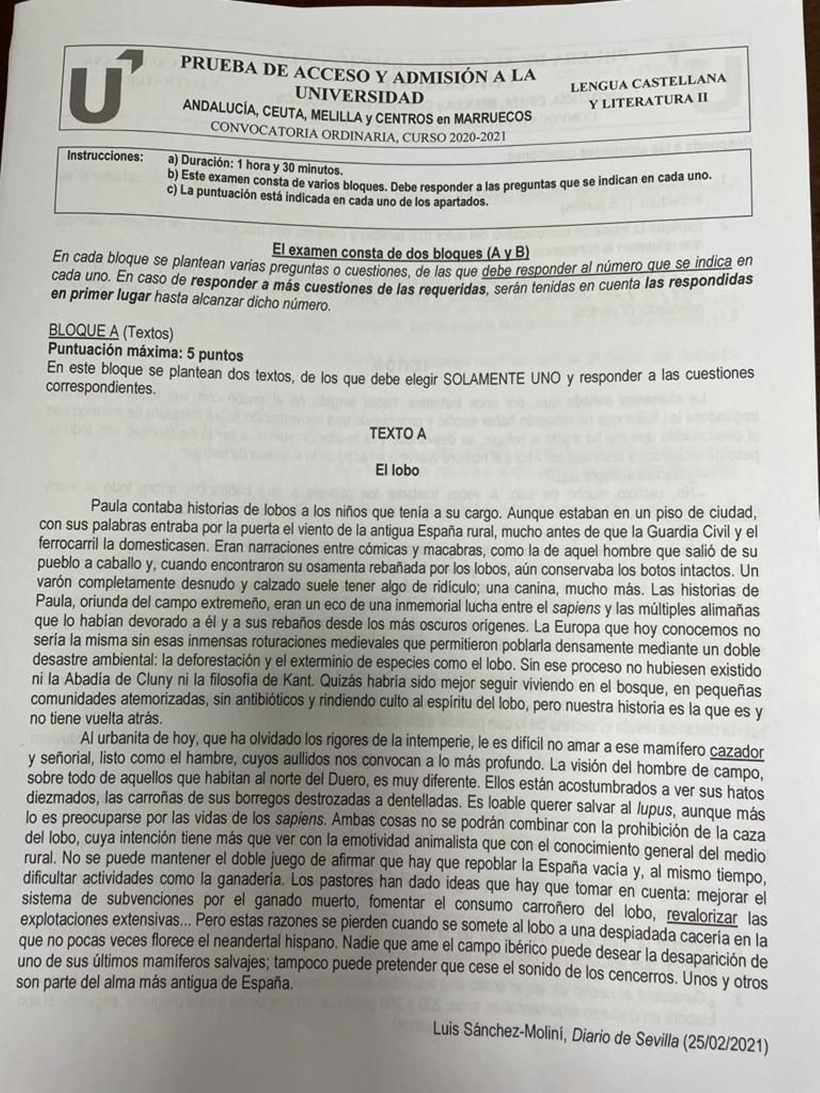 La prueba de Lengua y Literatura con el artículo de Luis Sánchez-Moliní.