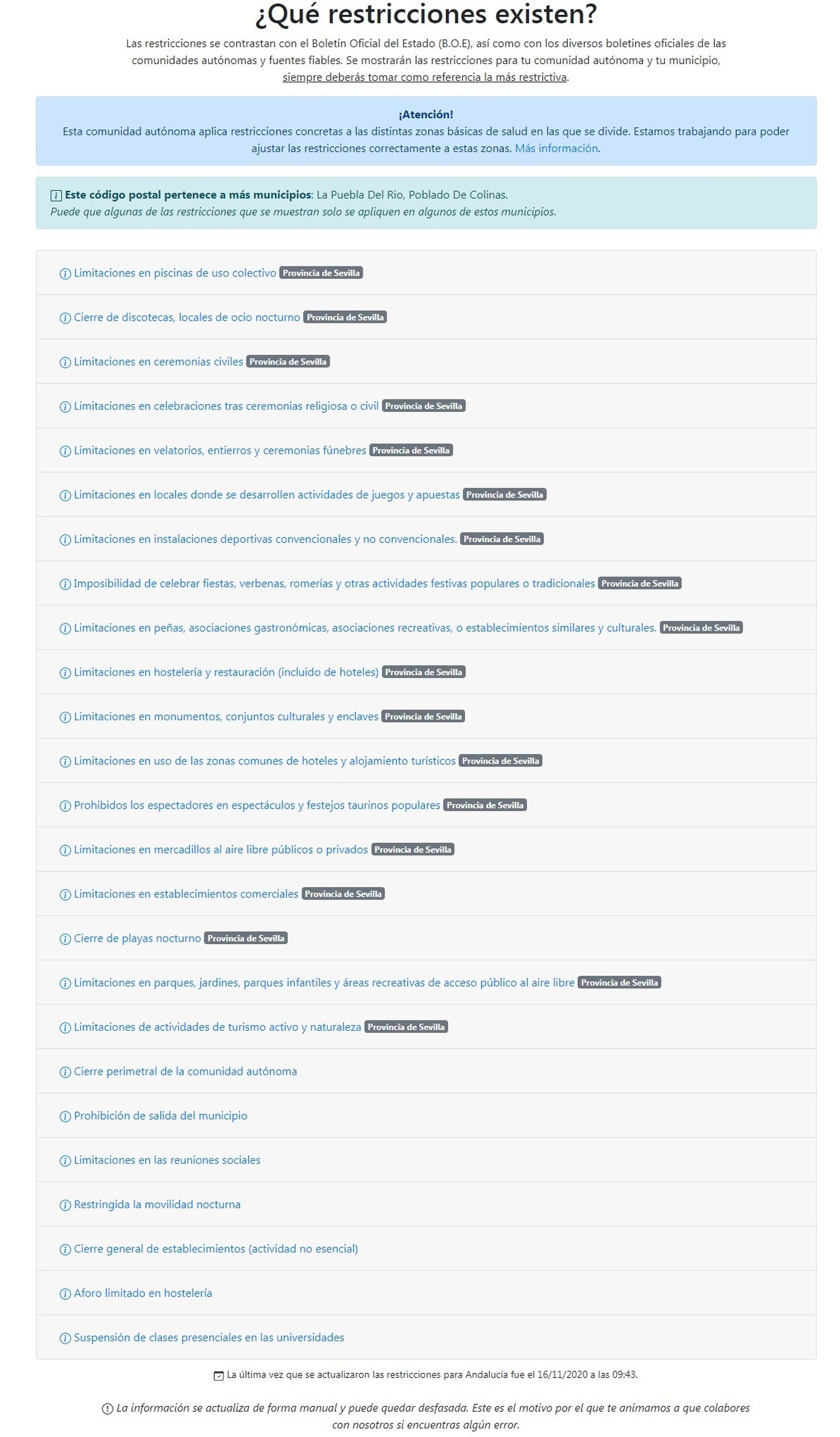 Listado de restricciones después de escribir el código postal.