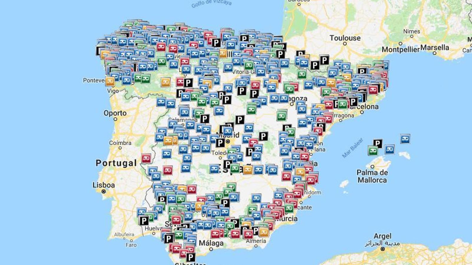 Mapa de áreas de servicio y campings para caravanas.