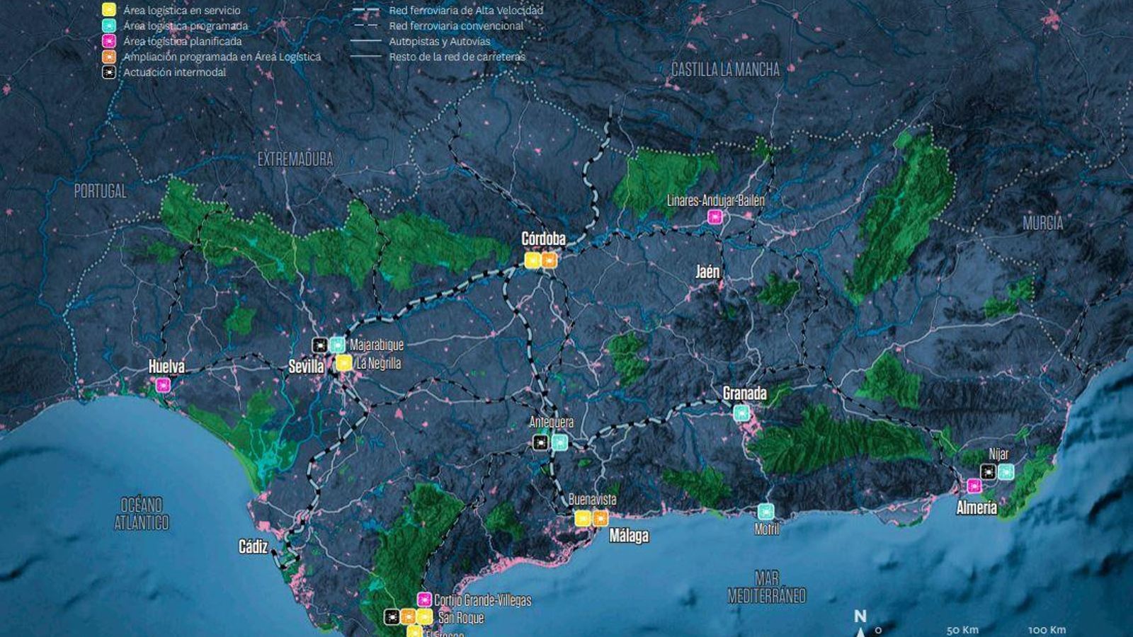 El mapa andaluz de las áreas logísticas previstas en el Pitma. El mapa andaluz de las áreas logísticas previstas en el Pitma.