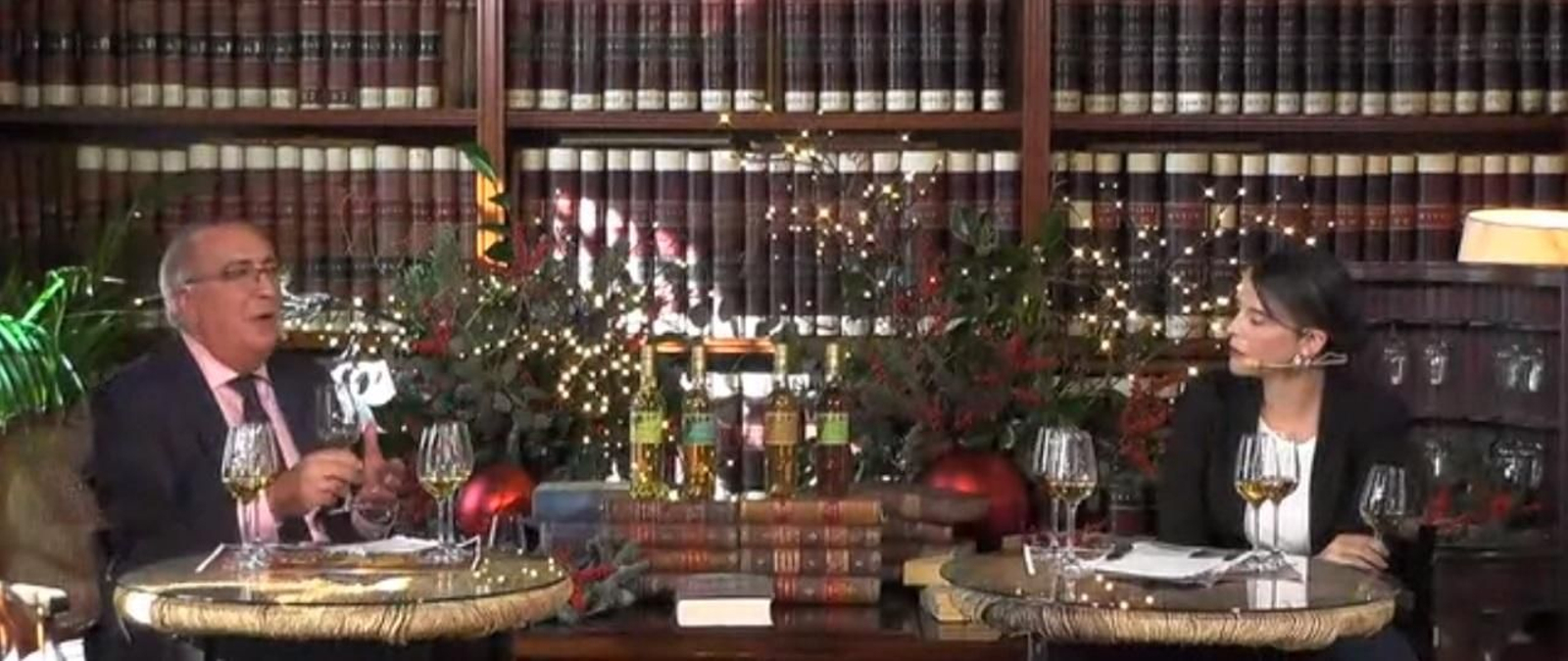 Antonio y Silvia Flores durante la cata virtual de presentación de la décima edición de los Finos Palmas de González Byass.