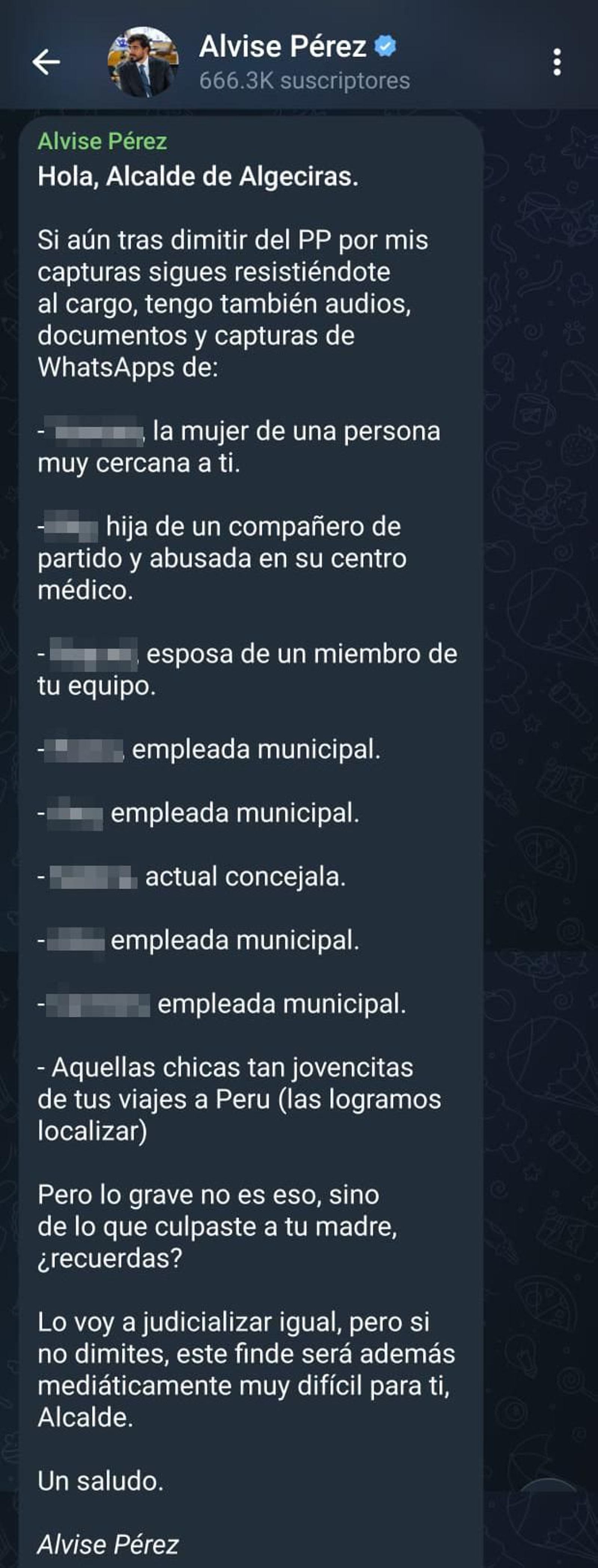Captura del mensaje difundido por Alvise Pérez en su cuenta de Telegram.