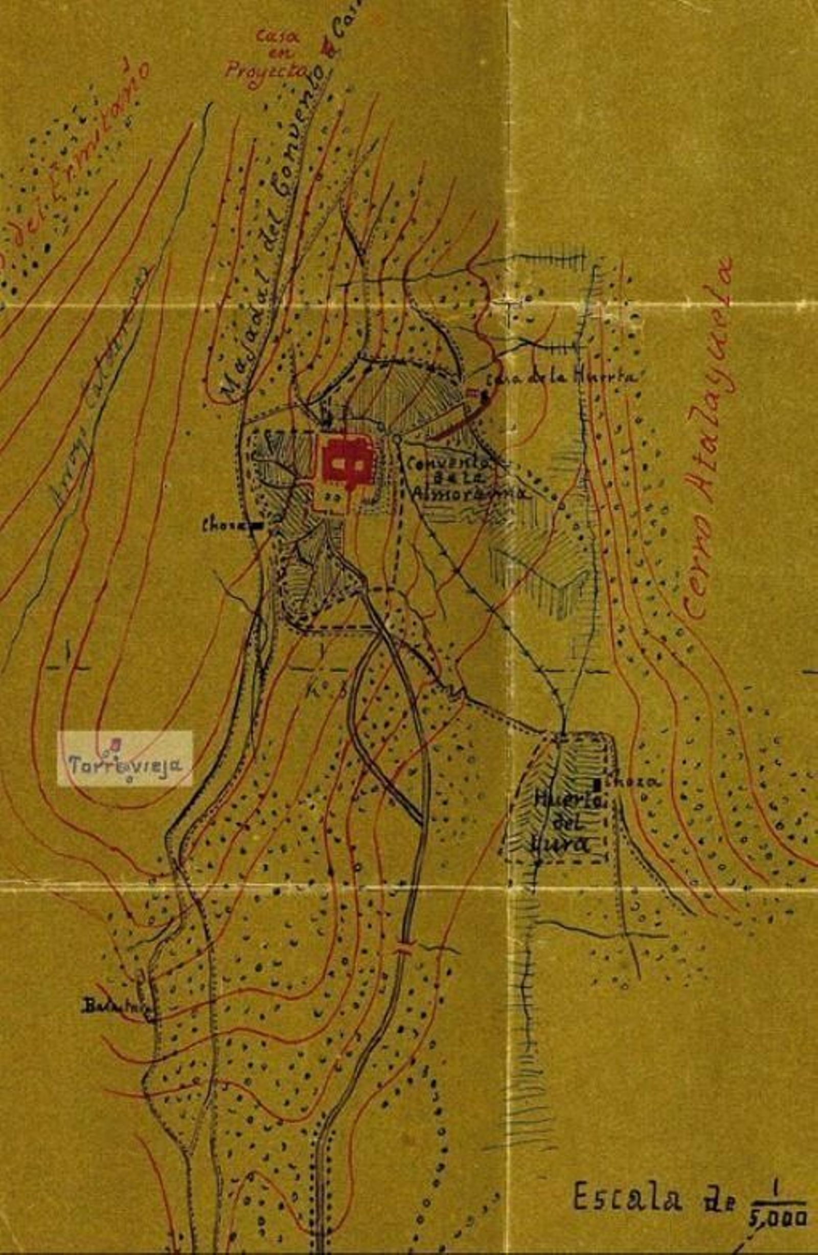 Fragmento del plano de La Almoraima realizado  por Benito de Mora [1890-1900],  Archivo Ducal de  Medinaceli. Mapas y planos, cajón 3. Sitúa la “torre vieja”  sin el cuartel.