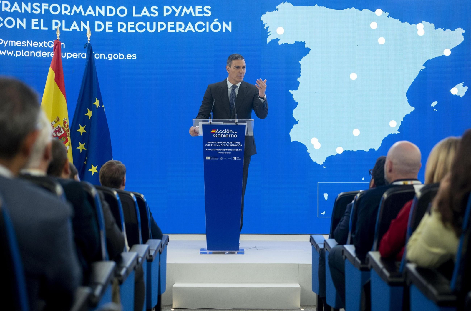 El presidente del Gobierno, Pedro Sánchez, interviene durante la inauguración de la jornada 'Transformando las Pymes con el Plan de Recuperación’.