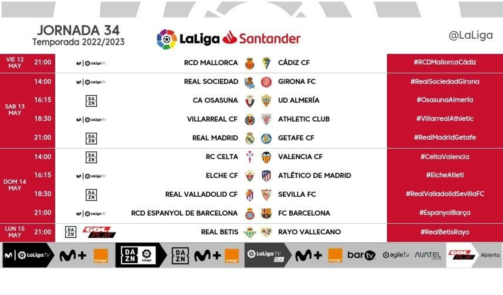Programa de la jornada 34ª en Primera División.