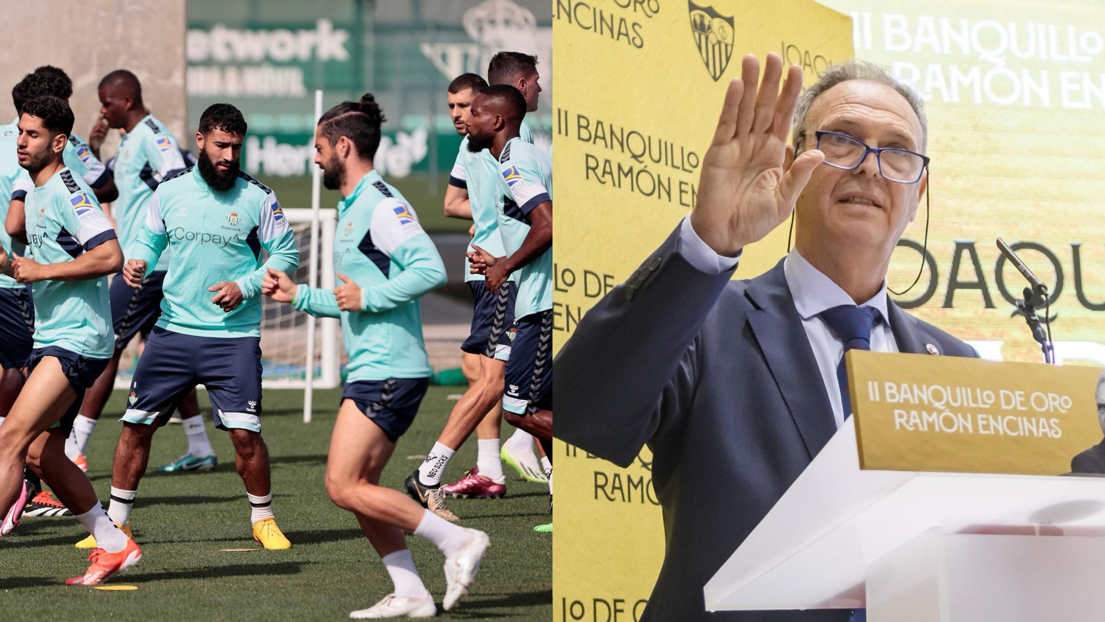 Los jugadores del Betis se ejercitan en el lado izquierdo; a la derecha, Joaquín Caparrós