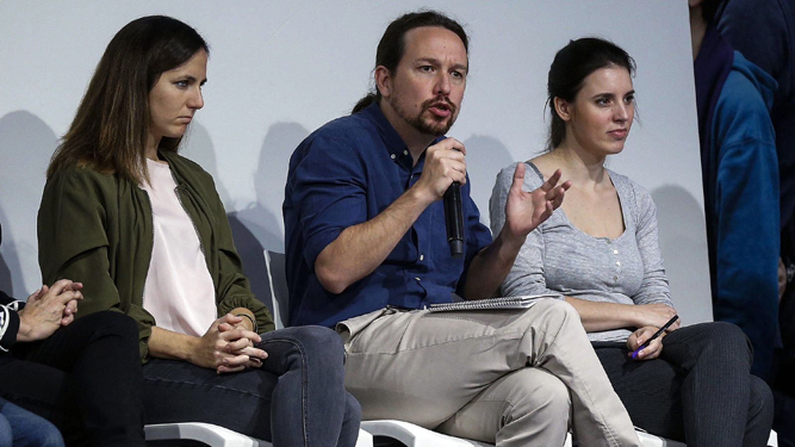 Ione Belarra, Pablo Iglesias e Irene Montero, en el acto celebrado este domingo en Madrid.