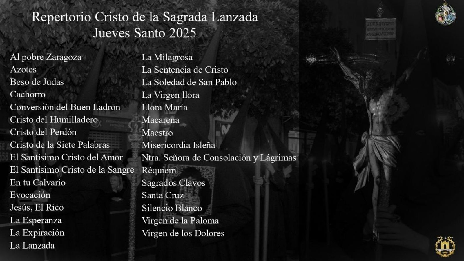 Repertorio que interpretará a la Banda de Cornetas y Tambores Esencia al misterio de la Sagrada Lanzada
