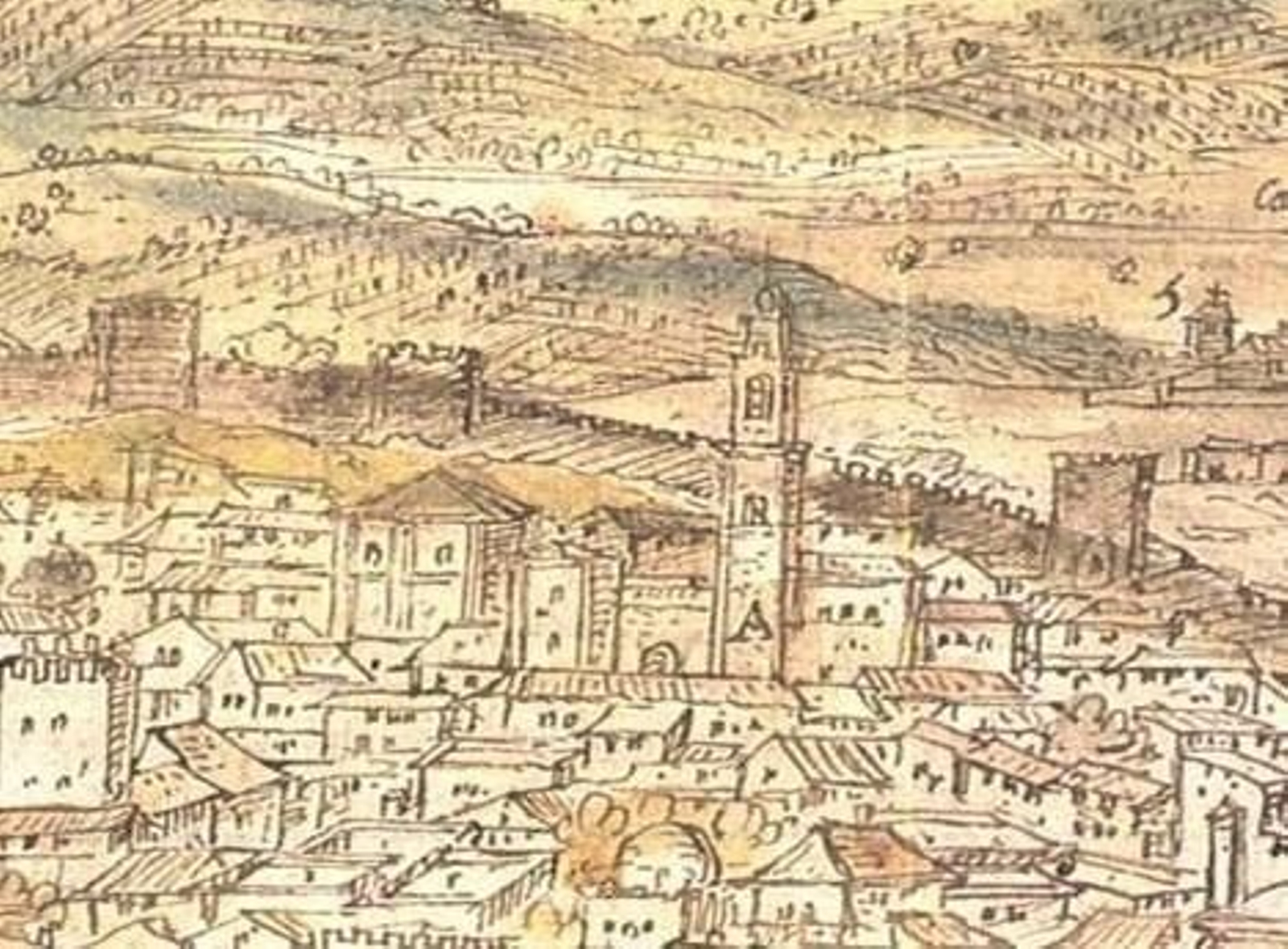 Imagen de la antigua Iglesia Colegial de San Salvador, extraída de la Vista de Jerez de Anton van den Wyngaerde (s. XVI).