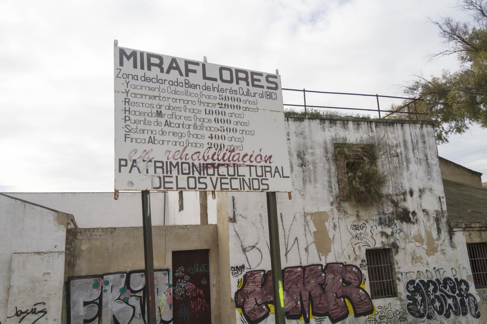 Miraflores. 1. El edificio está repleto de sucias pinturas. En la imagen, oculta por las malezas, una ventana de la época de los Reyes Católicos. 2. Uno de los laterales de la finca abandonada. 3. Muro del siglo XVI por que el acceden los asaltantes a la finca, destruyéndolo.