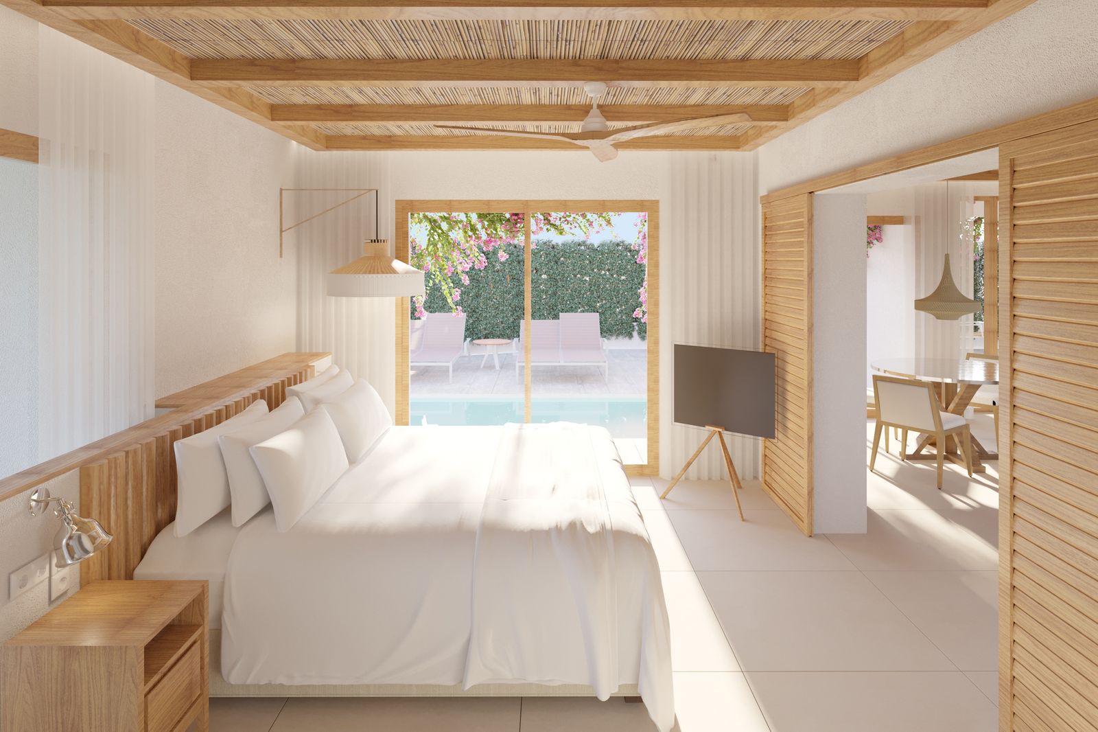 Al fondo, la piscina privada de las villas.