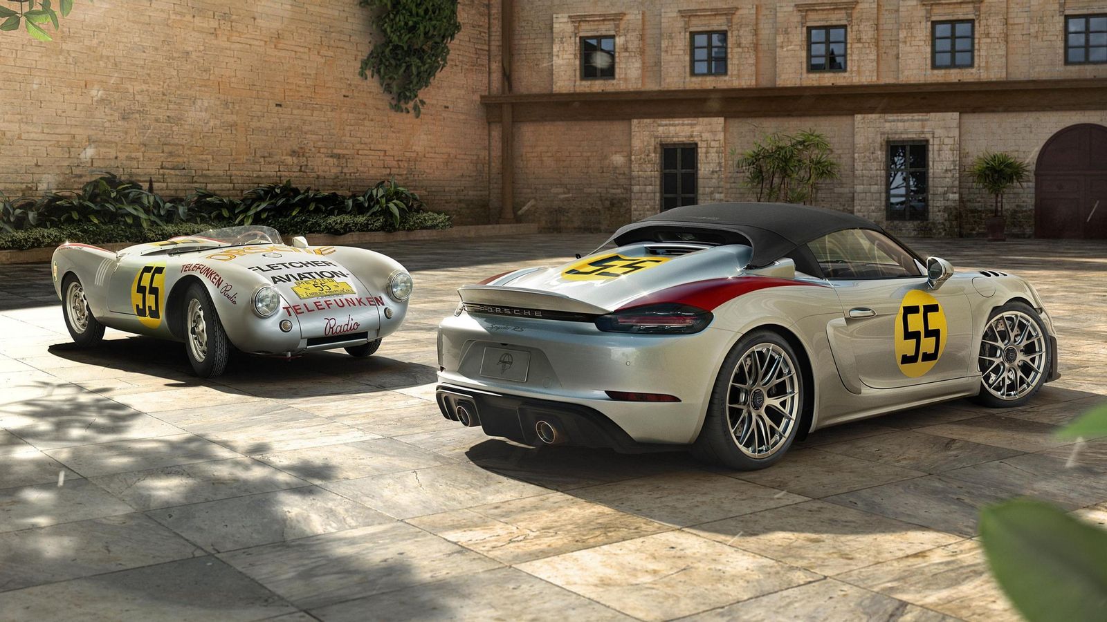 Los toques nostálgicos rinden homenaje al 550 Spyder de Hans Herrmann, con franjas en rojo Carmín en las aletas traseras, y números 55 amarillos en las puertas y en la cubierta del motor trasero.