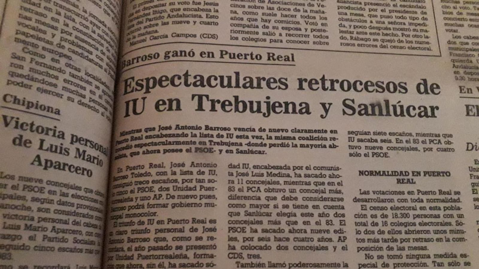 Información de Diario de Cádiz del 11 de junio de 1987 haciéndose eco de la derrota de IU en Trebujena el día anterior.